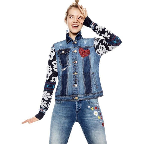 Desigual Jackets & Blazers - Desigual Floral Denim Jacket with Heart Patch embroidered